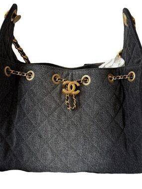 Authentic Chanel 25 Quilted Denim Chain Shoulder Bag Large
